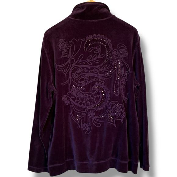 Chico's Spa Jacket Women's Sz 2 (L) Eggplant Full Zip Embroidered Velour Jacket - Picture 1 of 6